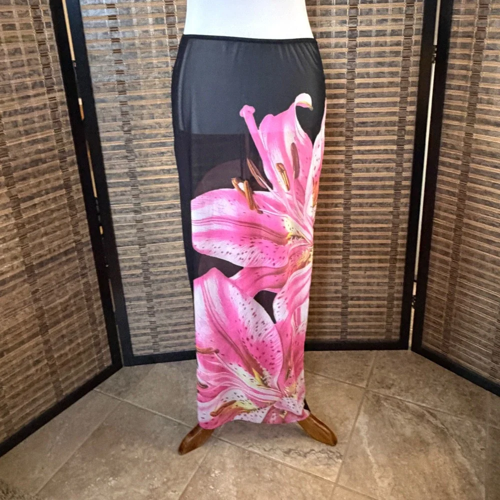 Zaful Swim Cover Up Women Large Black Pink Lily Floral Mesh Maxi Skirt Sarong